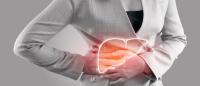 Illustration of liver on woman's body against gray background, Hepatitis, Healthcare And Medicine
